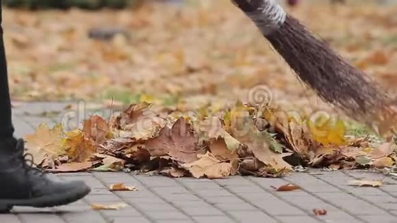 在秋季公园街道清洁工清扫树叶成堆低收入职业视频的预览图