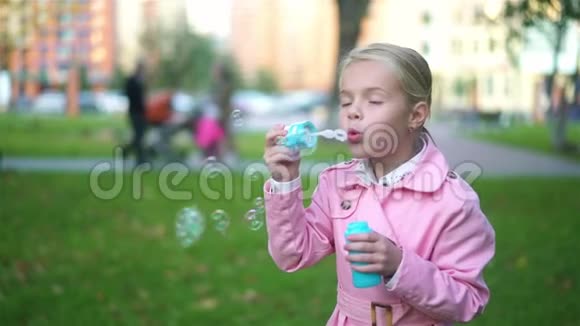可爱的小女孩在公园玩肥皂泡视频的预览图