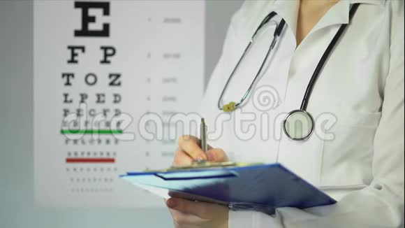 辛勤工作的眼科医生为临床病人开药医疗保健视频的预览图