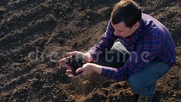 农民取一个黑色肥沃土壤的样本农民的一小撮肥沃的土壤矗立在耕地上土壤视频的预览图