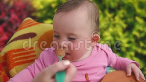 小女孩吃蔬菜泥妈妈用勺子喂她视频的预览图