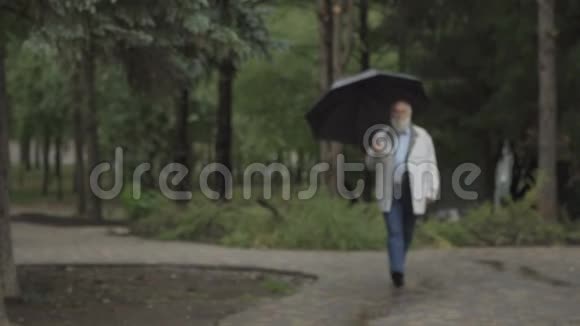白发苍苍的老人带着黑伞在雨天公园散步视频的预览图