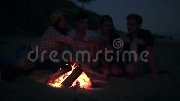 年轻人野餐晚上在海滩上篝火喝啤酒做欢呼声快乐的朋友视频的预览图