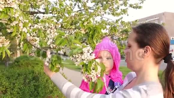 妈妈抱着一个小女孩手里拿着樱花视频的预览图