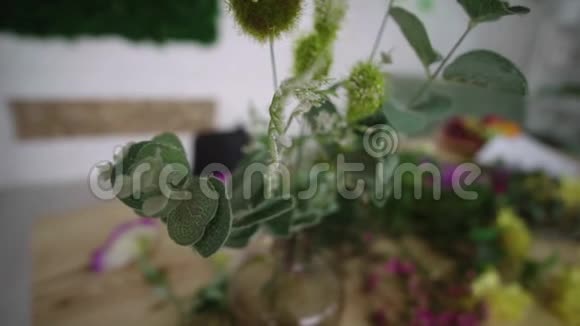 花瓶里的花和桌子上的四周散落着绿色视频的预览图