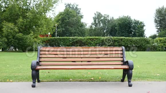坐在长凳上离开公园的胡子男红发视频的预览图