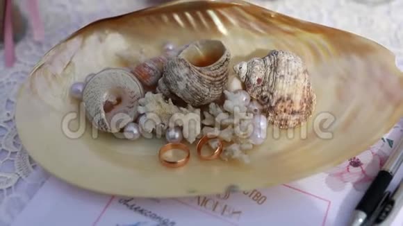 结婚戒指和珍珠贝壳视频的预览图