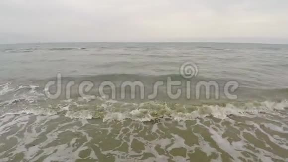 沿海滩的鸟瞰图被海藻和海浪污染生态旅游视频的预览图
