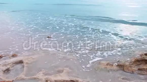 早晨的阳光随着海浪慢慢地溅在沙滩上和海中的岩石上沙滩上长满了绿苔兰基尔伊德尔视频的预览图