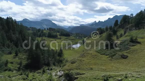 在阳光明媚的夏天在松林林山上向高山山谷空中前进阿尔卑斯山视频的预览图