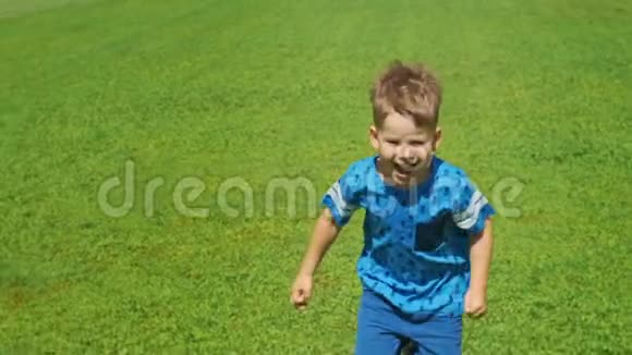 夏天小男孩跑过美丽的绿色田野非常轻盈快乐的场景视频的预览图