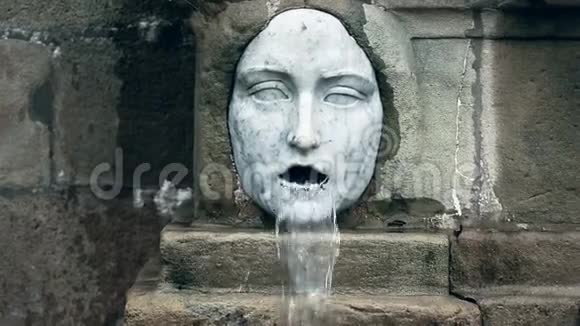 两个大理石喷泉雕塑的横盘有着可怕的怪诞面孔视频的预览图