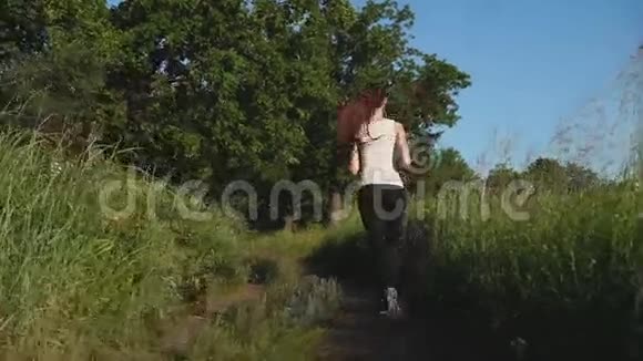 年轻的运动女子在公园里沿着绿树丛中的小径慢跑视频的预览图