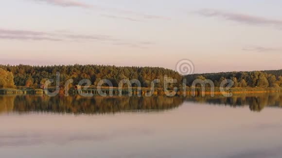 平静的秋日自然反映在平静的清澈的水日落时的河流或湖泊视频的预览图