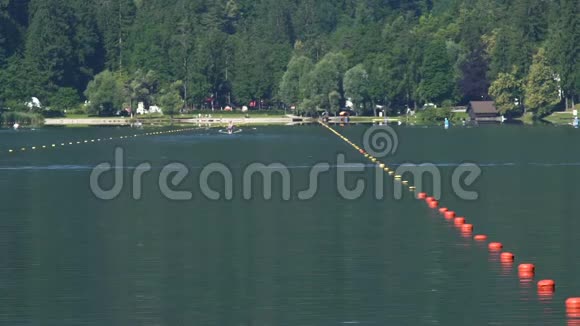 运动员在美丽的湖上划船参加划船比赛视频的预览图