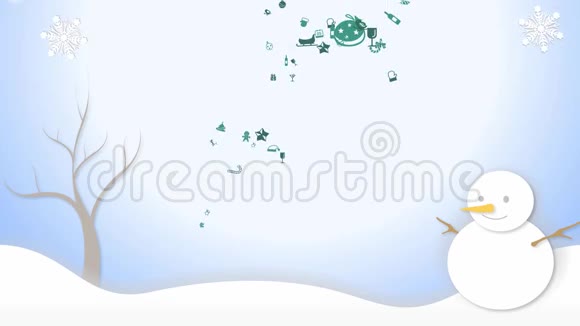 动画圣诞树装饰图标和白雪公主冬季景观与雪花飘落和手视频的预览图