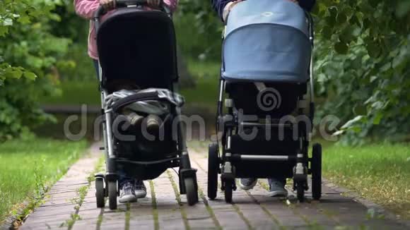 带着婴儿车在公园散步的母亲产假工资父母身份视频的预览图