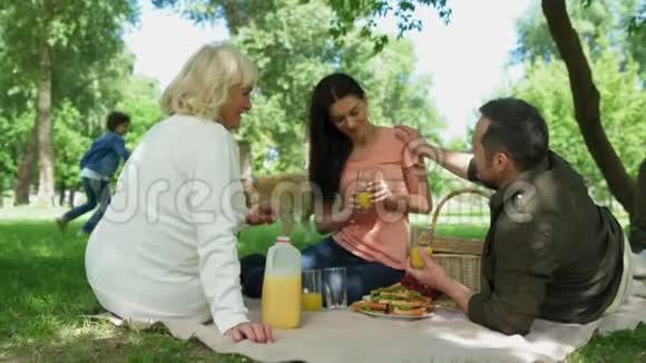 愉快的微笑家庭享受野餐视频的预览图