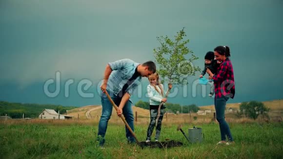 四口之家在他的花园里种了一棵新树概念是种树友好的家庭视频的预览图
