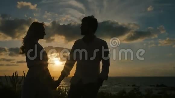日落背景下可爱情侣的影子视频的预览图