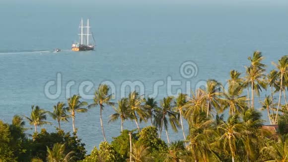 有帆船和热带异国植物的海洋从上方看平静的蓝色海洋木船漂浮在海面上视频的预览图