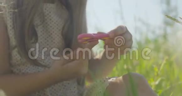 嬉戏的小女孩在草地上旋转一个纺纱机视频的预览图
