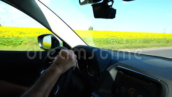 一个人开着一辆车沿着一片黄花的田野附近的道路高速行驶视频的预览图
