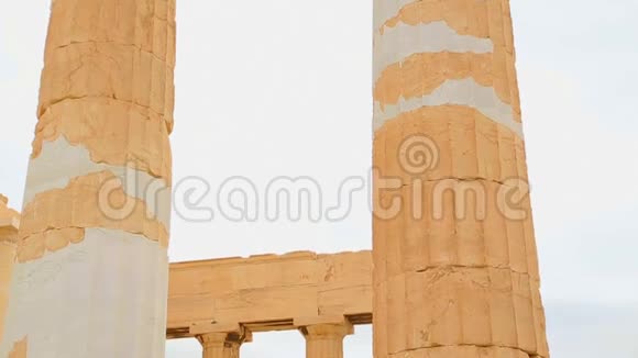 孤独的流浪狗睡在古代建筑的大理石楼梯上有柱子视频的预览图