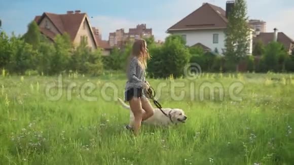 年轻的白种人女人和她的大白狗正在夏天的小房子附近的田野上散步视频的预览图