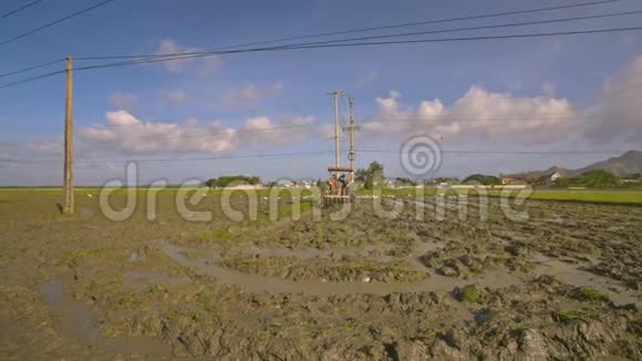 从蓝天下潮湿稻田的摄像机中移除拖拉机视频的预览图