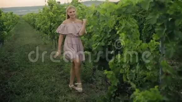 穿着粉红色裙子的金发女郎走在绿色的葡萄园里视频的预览图