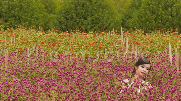越南女孩坐在种植园的紫色花朵里视频的预览图