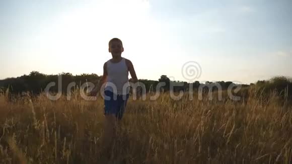 快乐的小男孩在镜头后面奔跑背景是太阳耀斑微笑的男孩子在大自然中享受乐趣视频的预览图