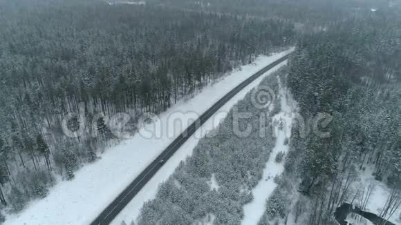 冬天路上树林上空的镜头视频的预览图