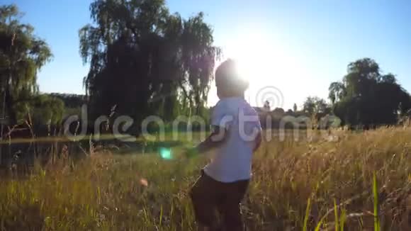一个金发的小男孩在阳光明媚的日子去野外夏天男孩走在绿草上快乐的孩子视频的预览图