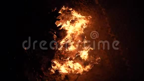 在漆黑的夜晚燃烧着红色的火以火火光慢电影为主题的抽象背景视频的预览图