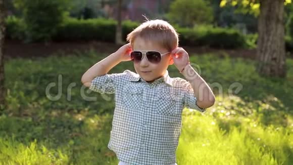 绿色草地上公园里一个戴太阳镜的时髦小男孩的肖像视频的预览图
