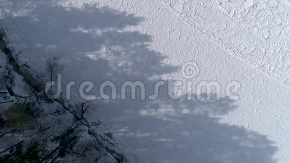 冰冻河上的树影头顶的无人机镜头视频的预览图