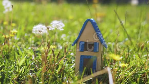 草地上玩具屋代表生态家园的场景视频的预览图