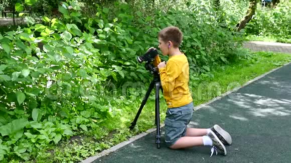 小男孩看视频拍摄关于自然的绿色公园慢动作视频的预览图
