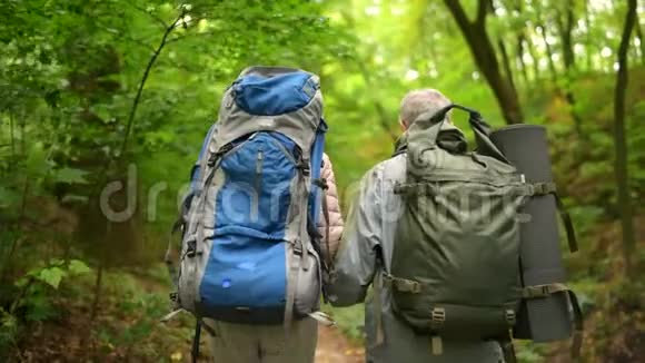 一对在森林里散步的老夫妇的后景视频的预览图