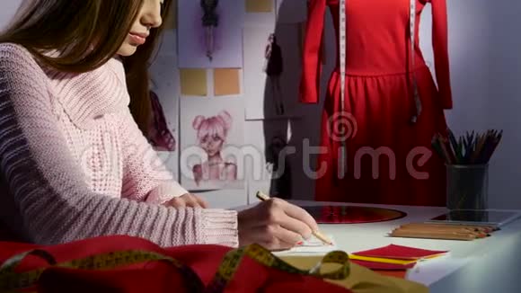 设计师在背景中画一幅素描是一个带有红色连衣裙的人体模型关门视频的预览图