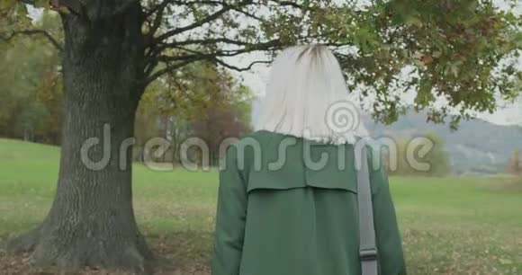 中弹白人金发女人斯洛莫走向秋天的树林触摸树在万向节后面跟着讲故事视频的预览图