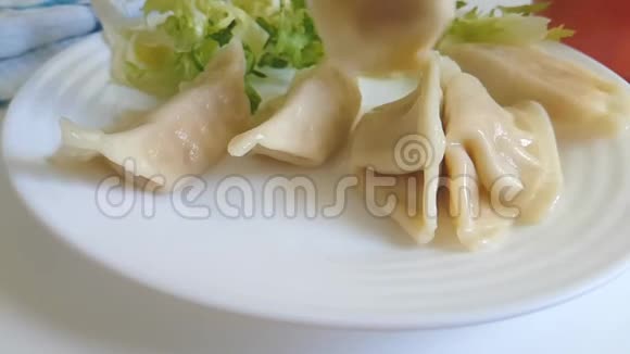 饺子美味的盘子落下慢镜头拍摄视频的预览图