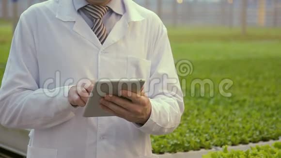 在农工业综合体的前提下实验室助理手里拿着平板电脑视频的预览图