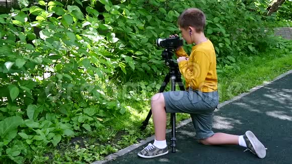 小男孩看视频拍摄关于自然的绿色公园慢动作视频的预览图