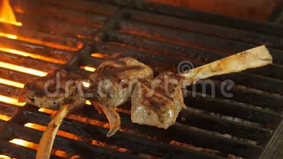 三块肉放在骨头上小牛肉放在骨头上羊肉放在烤架上烤架上有印记视频的预览图