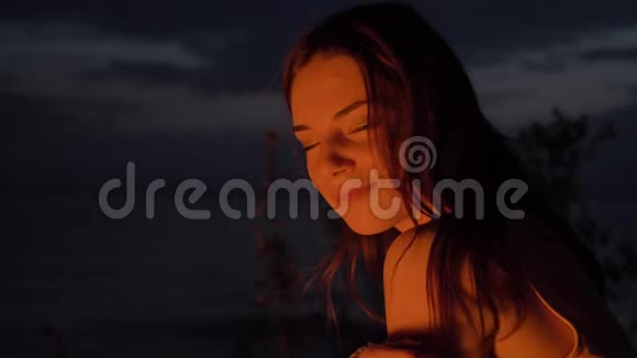 年轻的白种人姜黄色温柔的女孩坐在炉火旁微笑着看着镜头画像视频的预览图