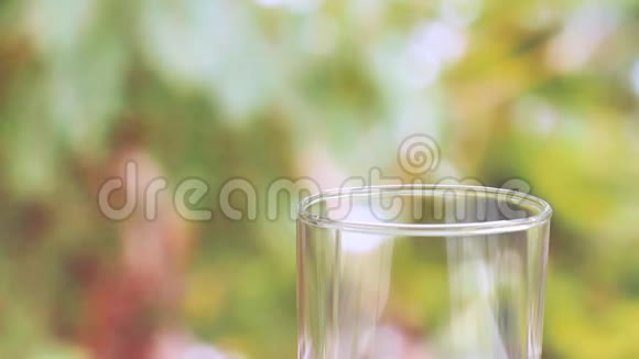女人手拿水瓶在模糊的绿色自然背景上向玻璃中倒入清澈的饮用水视频的预览图