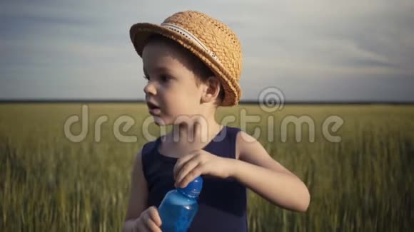 小男孩在夏天的田野背景下吹肥皂泡视频的预览图